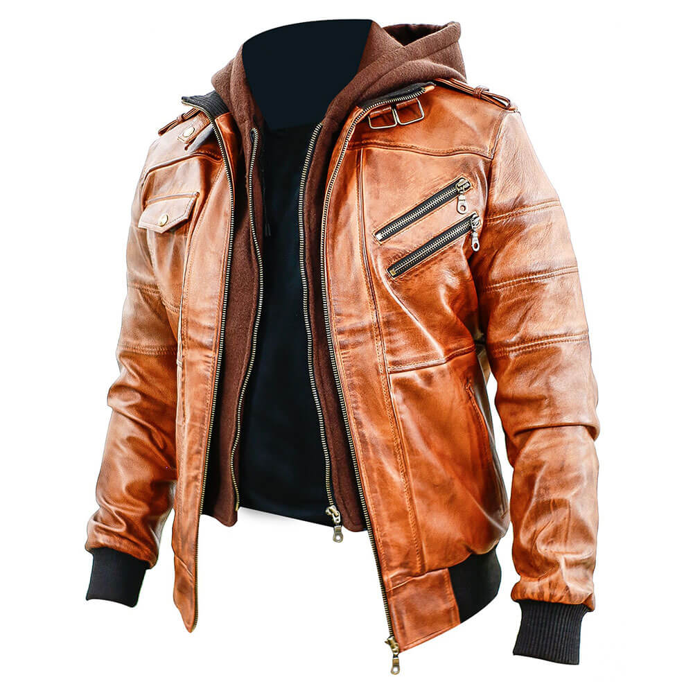 Mens American Hooded Leather Jacket - Image 2