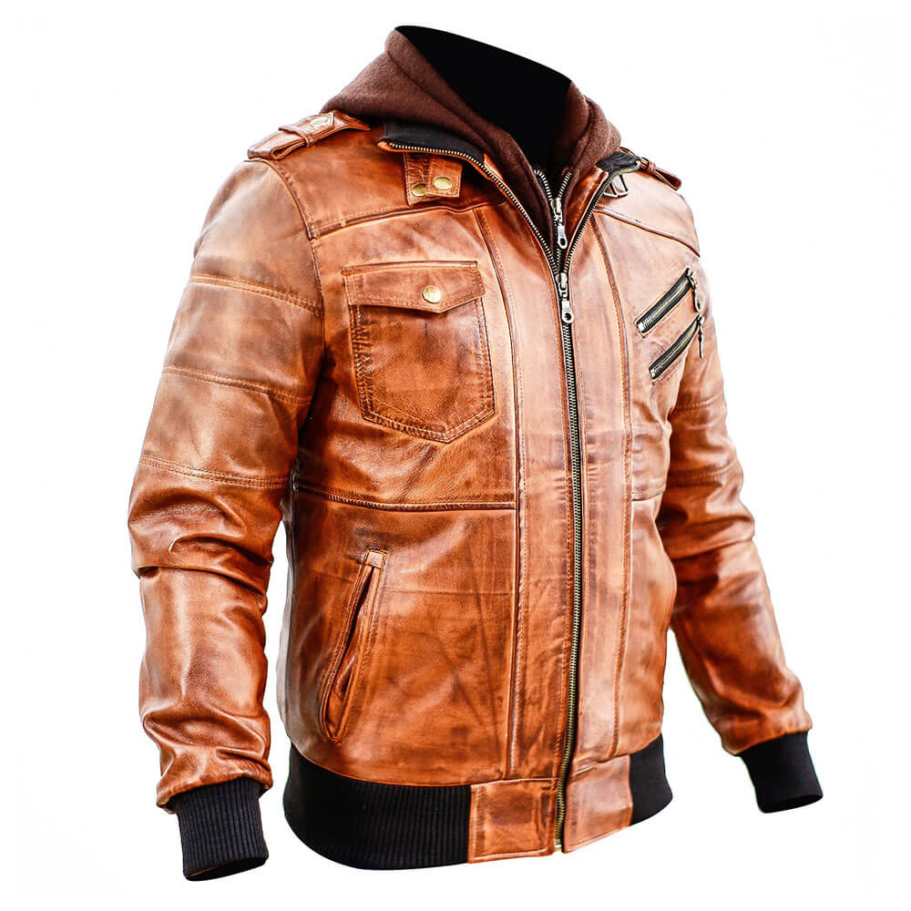 Mens American Hooded Leather Jacket - Image 5