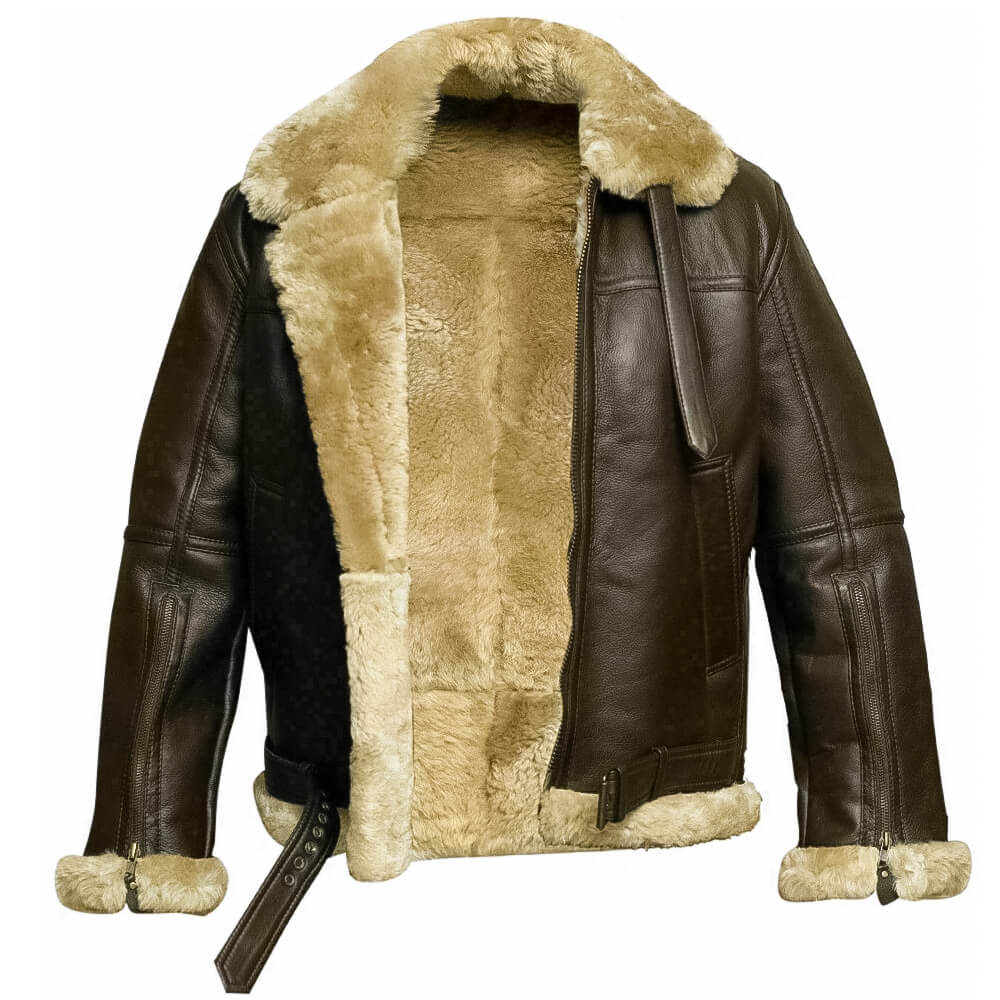 Mens RAF Fur Aviator Brown Leather Jacket